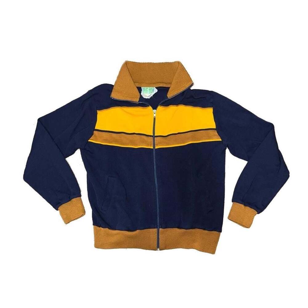 Vintage Cross Court Brand 1970s Tennis Warm-Up Jacket Full Zip Navy Yellow